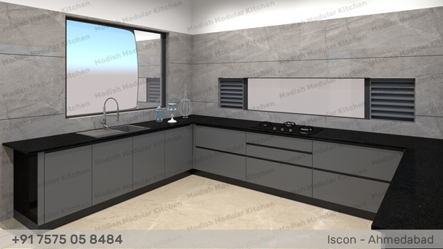 L Shape Back Painted Glass Modular Kitchen
